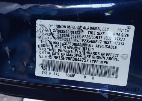 2015 Honda Odyssey Lx from USA, damaged, VIN 5FNRL5H26FB044757